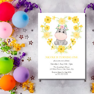 Invitation Cute Hippopotamus Coeur de Fleur Jaune 1er Anniver