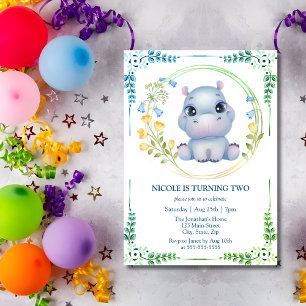 Invitation Cute Hippopotamus Flower Wreath 2e anniversaire