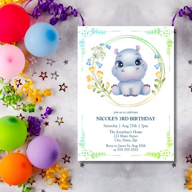 Invitation Cute Hippopotamus Flower Wreath 3e anniversaire (Créateur téléchargé)