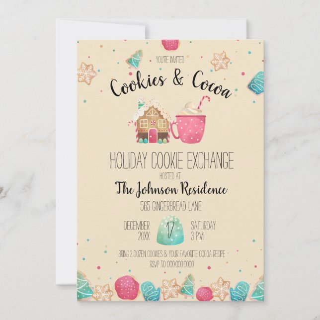 Invitation Cute Holiday Cookie Exchange Cookie & Cocoa Party (Devant)