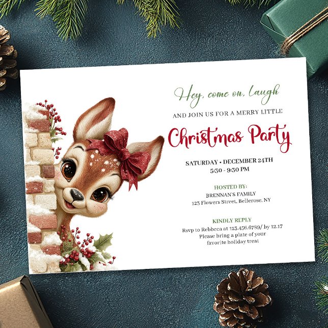 Invitation Cute holiday reindeer peeking kids event invite (Cute holiday reindeer peeking kids event invitation)