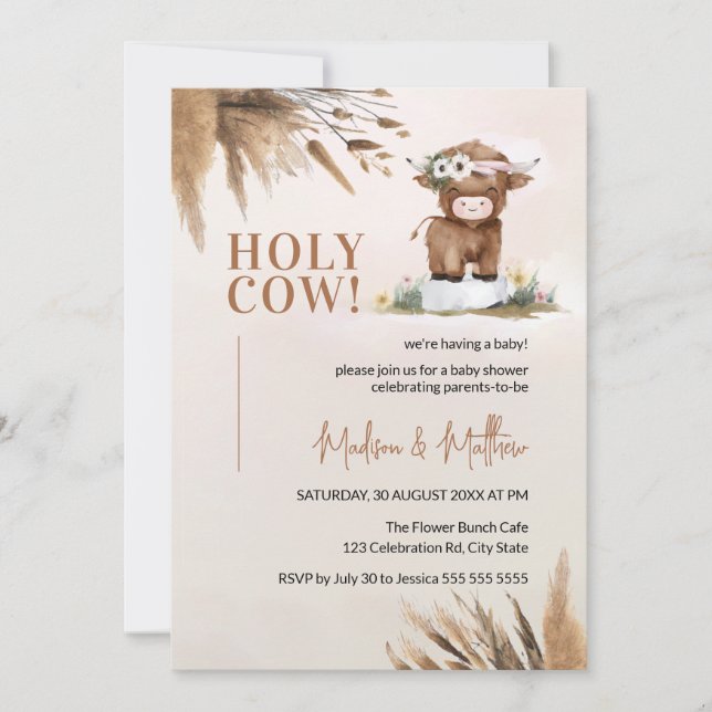Invitation Cute Holy Cow Pampas Rustic Farm Baby shower (Devant)