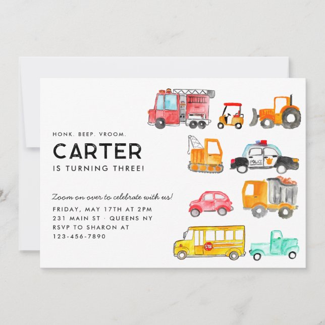 Invitation Cute Honk Beep Vroom Anniversaire de enfant du tra (Devant)