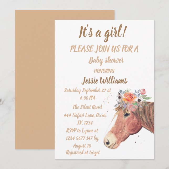 Invitation Cute Horse Boho Ranch Baby Girl Western Floral (Devant / Derrière)
