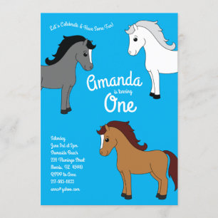Invitation Cute Horse Enfants 1er anniversaire Fête bleue