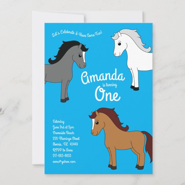Invitation Cute Horse Enfants 1er Anniversaire Party Blue (Devant)