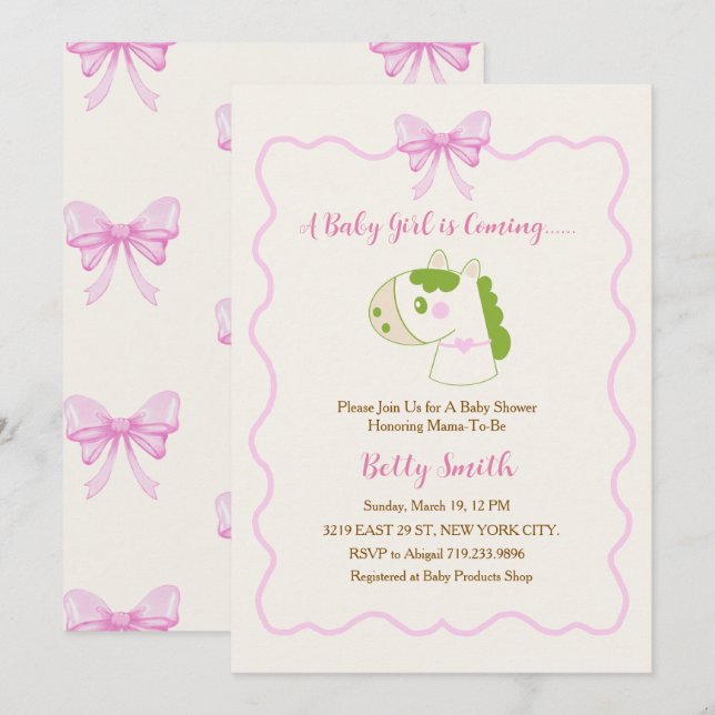 Invitation Cute Horse Pink Bow Personalized Girl Baby Shower  (Devant / Derrière)