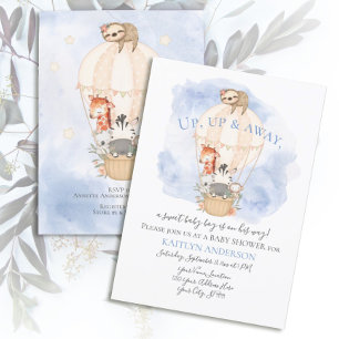Invitation Cute Hot Air Balloon Giraffe Sloth Zebra Blue Boy