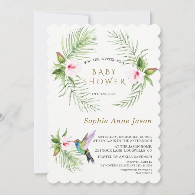 Invitation Cute Hummingbird Tropical Flowers Baby Shower (Devant)