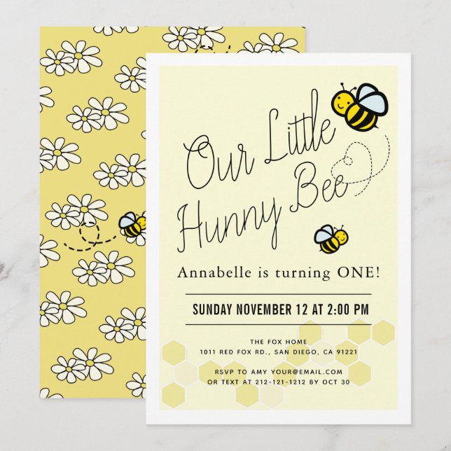 Invitation Cute Hunny Bee Jaune 1ère fête d'anniversaire (Devant / Derrière)
