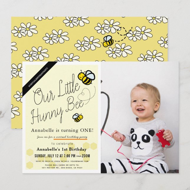 Invitation Cute Hunny Bee Yellow Photo 1er anniversaire virtu (Devant / Derrière)