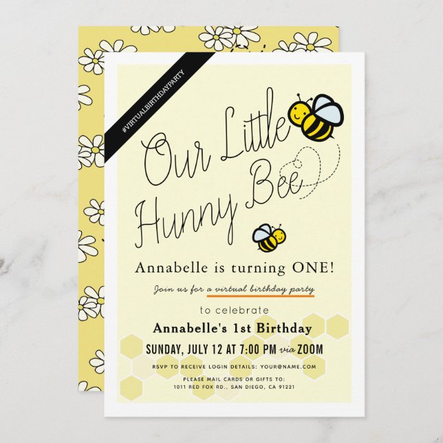 Invitation Cute Hunny Bee Yellow Virtual 1ère fête d'annivers (Devant / Derrière)