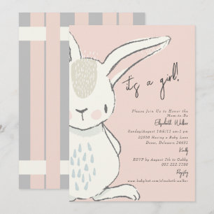 Invitation Cute It A Girl Rabbit Baby shower rose et gris
