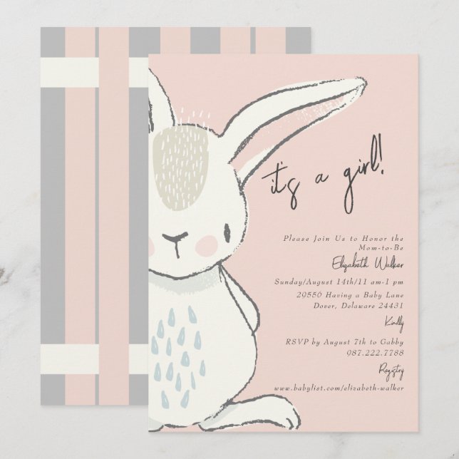 Invitation Cute It A Girl Rabbit Baby shower rose et gris (Devant / Derrière)