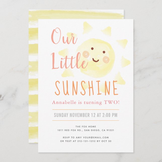 Invitation Cute Jaune Sunshine Fille Anniversaire (Devant / Derrière)
