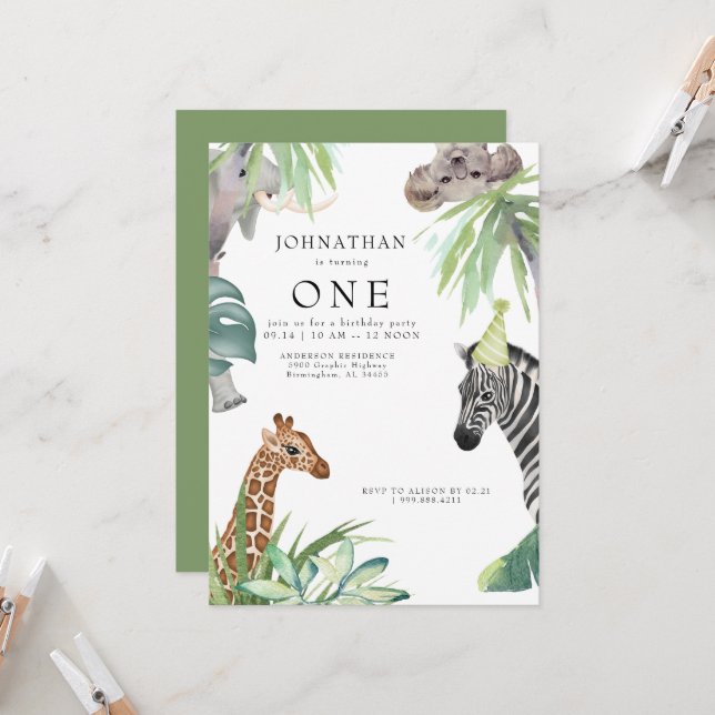 Invitation Cute Jungle Animaux 1er anniversaire (Devant/Arrière en situation)
