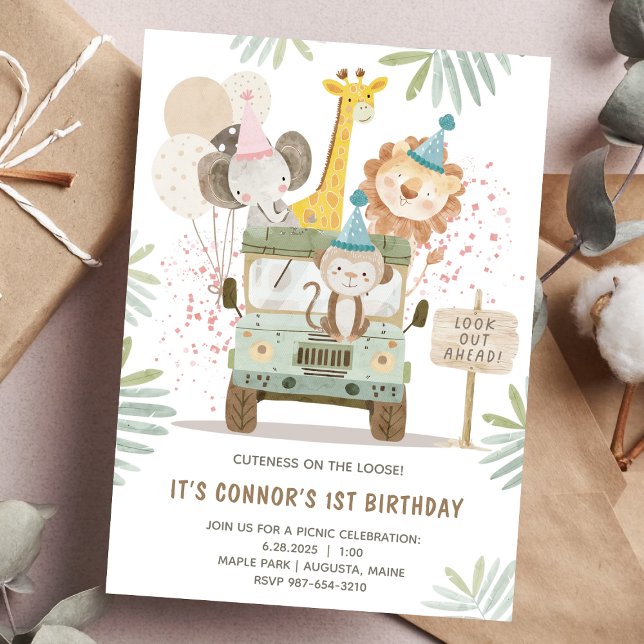 Invitation Cute Jungle Animaux 1er anniversaire (Créateur téléchargé)