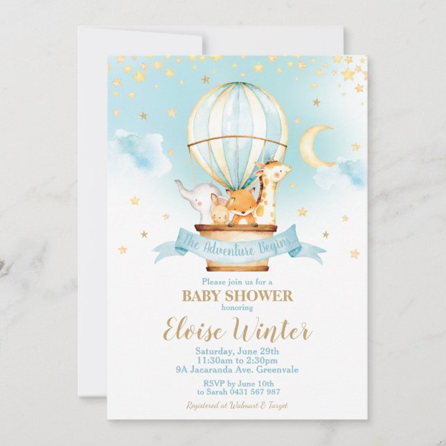 Invitation Cute Jungle Animaux Hot Air Balloon Baby shower (Devant)