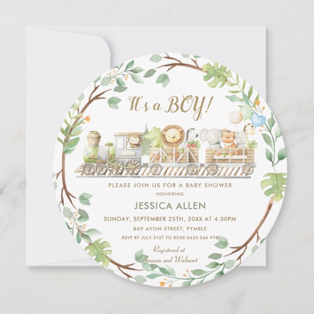 Invitation Cute Jungle Animaux Train Baby shower verdoyant (Devant)