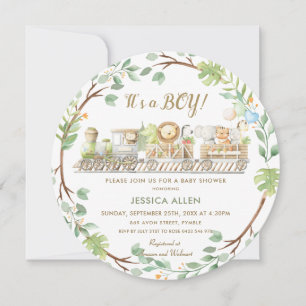 Invitation Cute Jungle Animaux Train Baby shower verdoyant