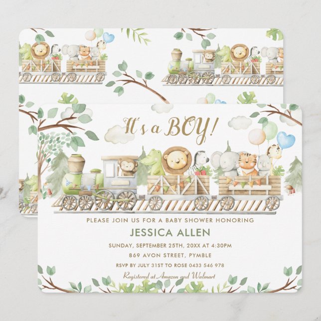 Invitation Cute Jungle Animaux Train Baby shower verdoyant (Devant / Derrière)