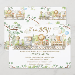 Invitation Cute Jungle Animaux Train Baby shower verdoyant