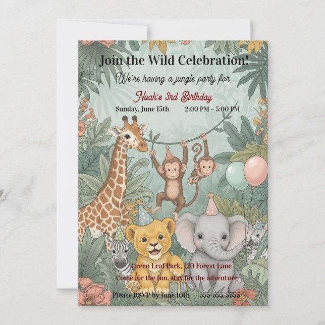 Invitation Cute Jungle Safari Animals Wild One 3rd Birthday  (Devant)