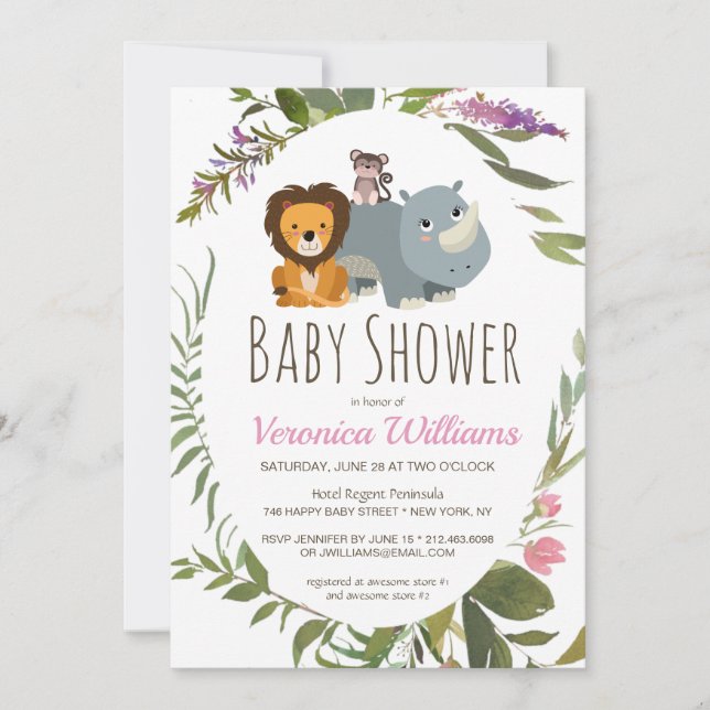 Invitation Cute Jungle Safari Animaux Baby shower rose (Devant)