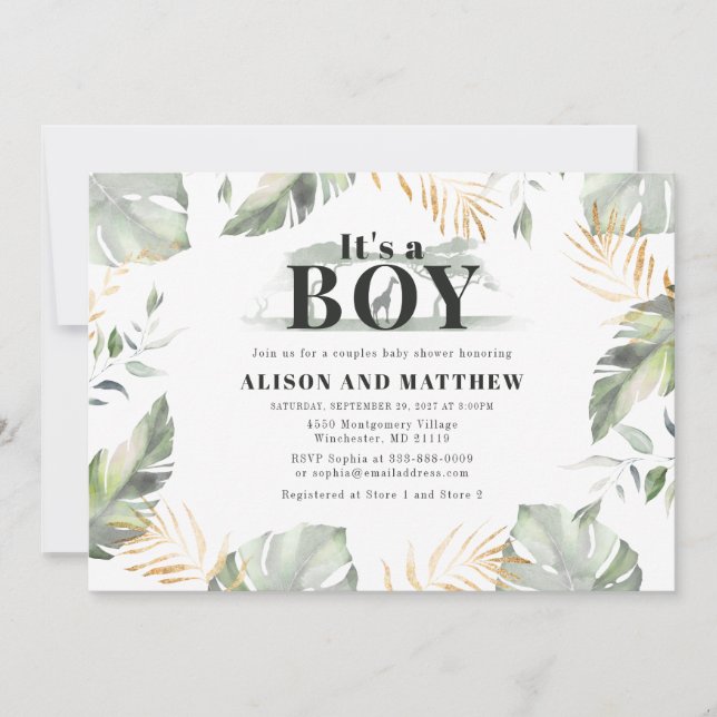 Invitation Cute Jungle Safari Baby shower Garçons Giraffe (Devant)