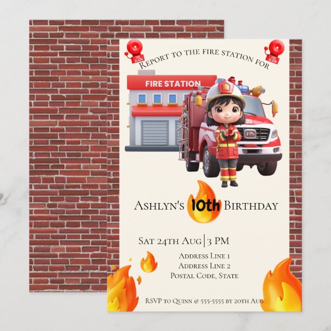 Invitation Cute Kawai Fire fighter Girl Theme Birthday  (Devant / Derrière)