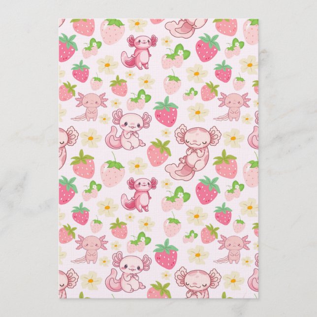 Invitation Cute Kawaii Axolotl & Strawberry Seamless Pattern (Devant)