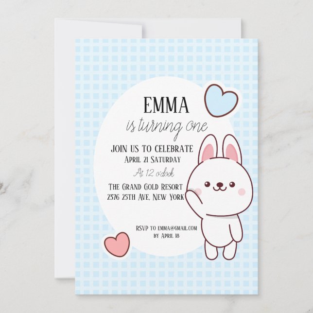 Invitation Cute Kawaii Bunny 1er anniversaire (Devant)