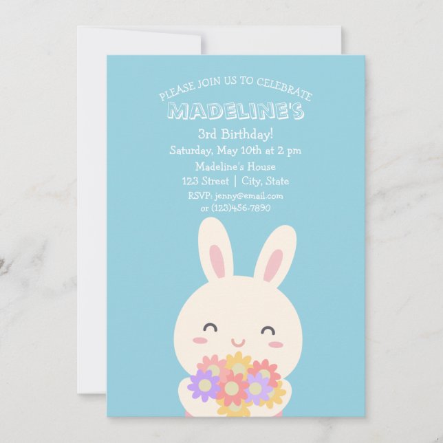 Invitation Cute Kawaii Bunny Rabbit & Fleurs Anniversaire de  (Devant)