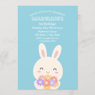 Invitation Cute Kawaii Bunny Rabbit & Fleurs Anniversaire de 