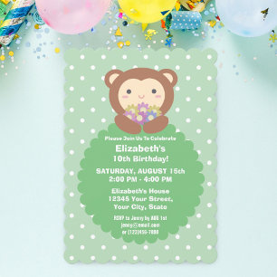 Invitation Cute Kawaii Cartoon Singe & Fleurs Anniversaire de
