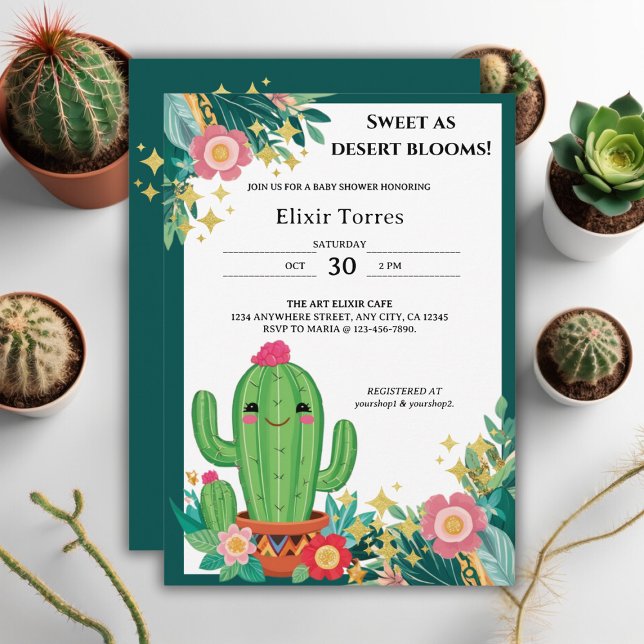 Invitation Cute Kawaii Désert Bloom Floral Cactus Baby shower (Créateur téléchargé)