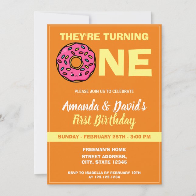 Invitation Cute Kawaii Donut Orange Joint Twin 1er Anniversai (Devant)