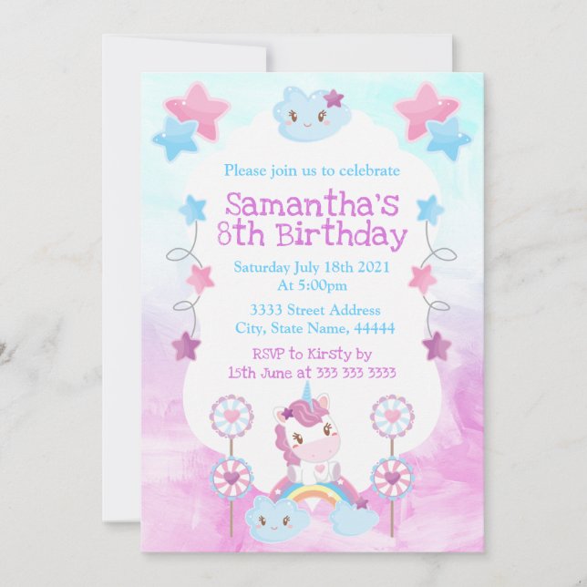 Invitation Cute Kawaii Dreamy Unicorn Rainbow Cloud (Devant)