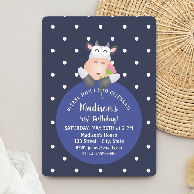 Invitation Cute Kawaii Drôle Cartoon Vache Bébé 1er anniversa (Créateur téléchargé)