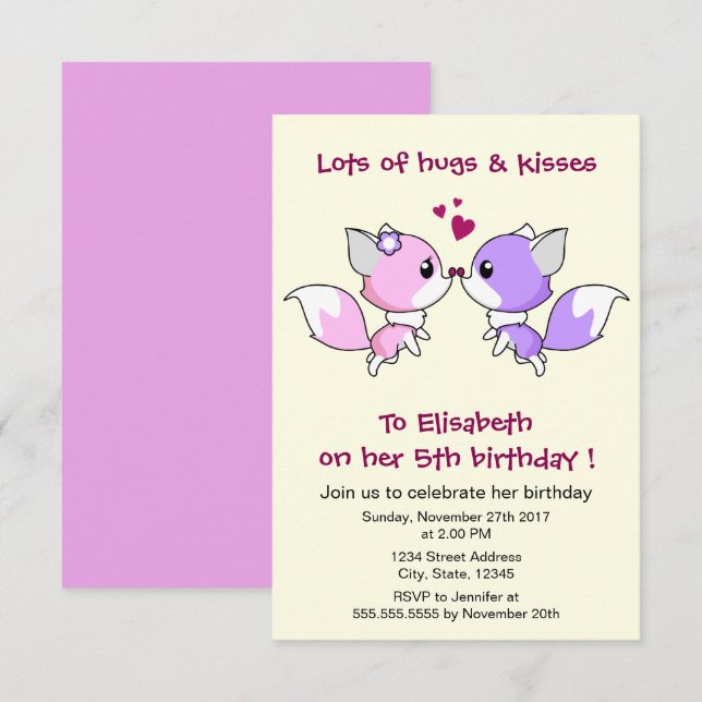 Invitation Cute kawaii foxe dessin animé fille fête d'anniver (Devant / Derrière)