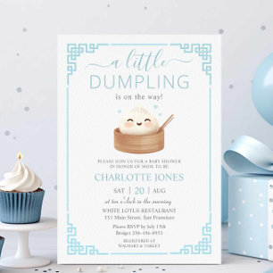 Invitation Cute Kawaii Little Dumpling Bun Baby shower bleu