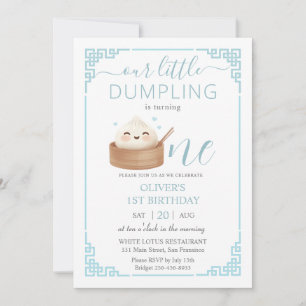Invitation Cute Kawaii Little Dumpling Bun Blue 1er anniversa