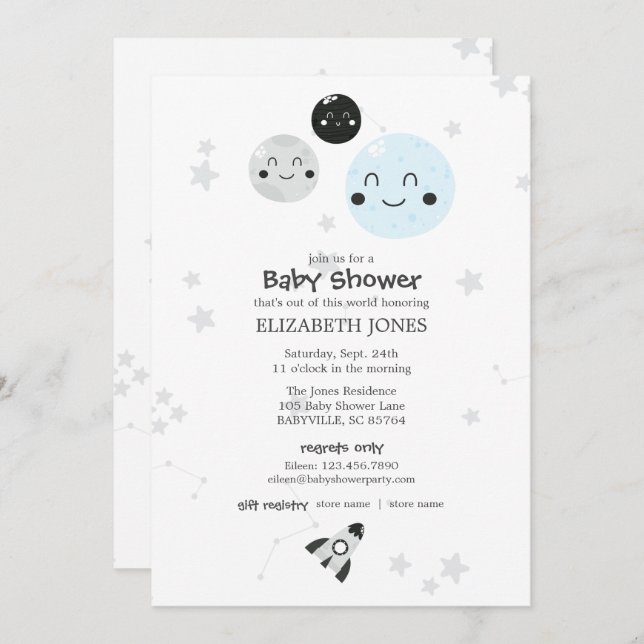 Invitation Cute Kawaii Planète et Baby shower des lunes (Devant / Derrière)