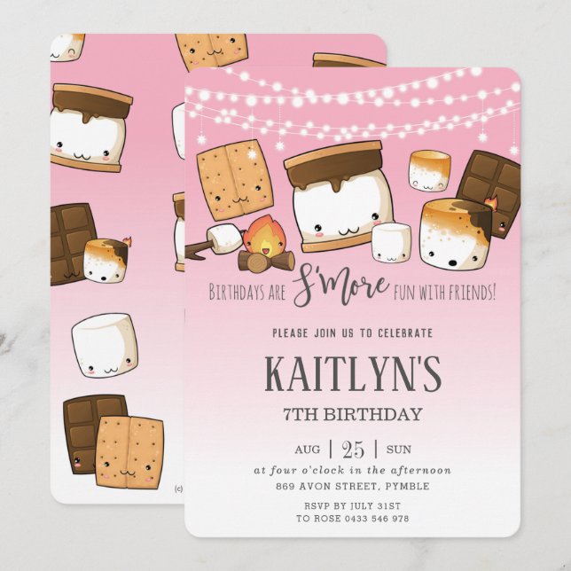 Invitation Cute Kawaii S'mores Camping Bonfire Anniversaire (Devant / Derrière)