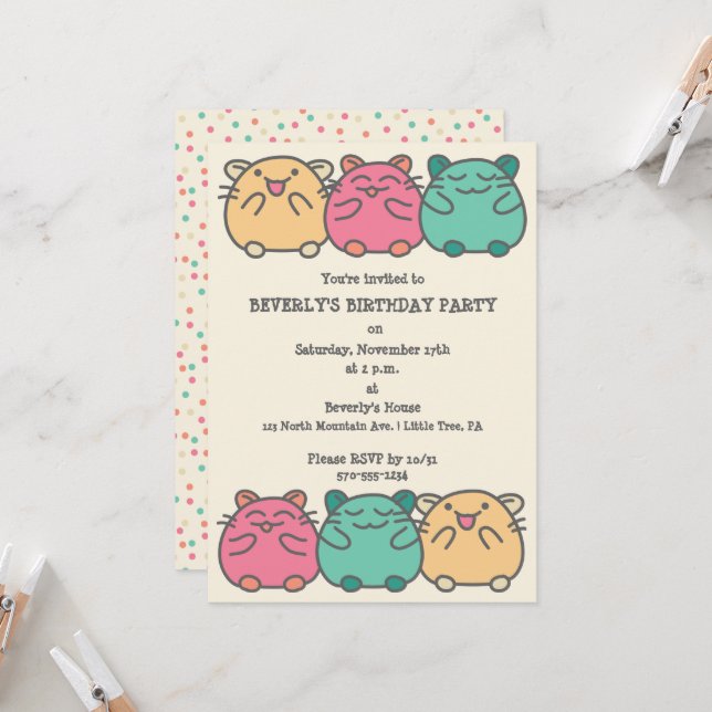 Invitation Cute Kawaii Style Hamsters de Dessin Personnalisé (Devant/Arrière en situation)