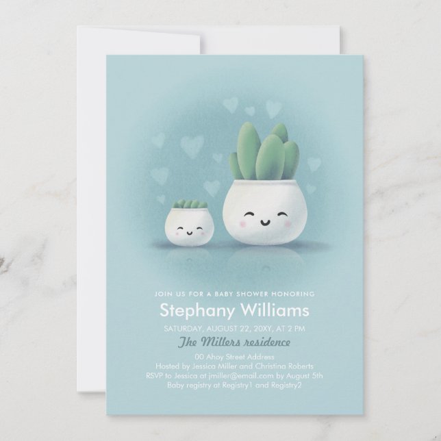Invitation Cute Kawaii Succulent garçon Baby shower bleu Invi (Devant)