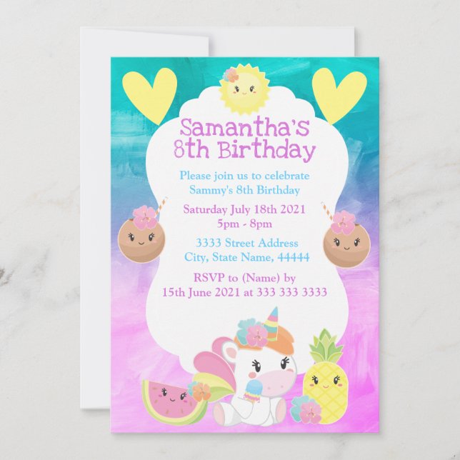 Invitation Cute Kawaii Summer Tropical Unicorn fête d'anniver (Devant)