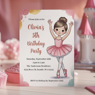 Invitation Cute Kids Ballerina 5e fête anniversaire