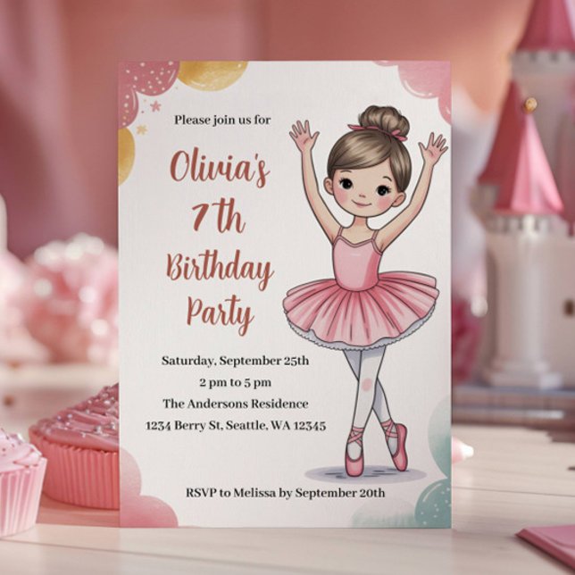 Invitation Cute Kids Ballerina 7e fête d'anniversaire (Créateur téléchargé)