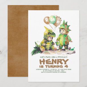 Invitation Cute Kids Dinosaur Anniversaire Vert et Brown